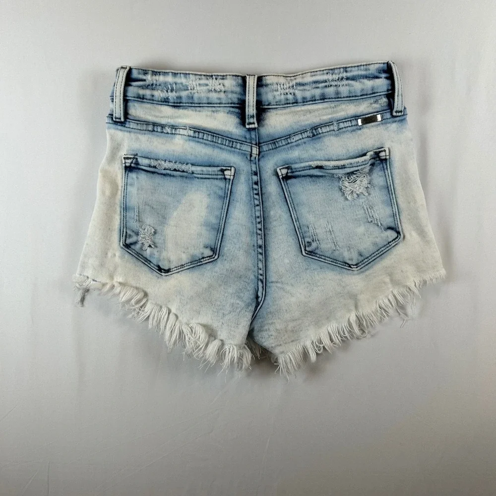 Kancan Womens Denim Shorts‎ Acid Wash Frayed Hem Distressed Blue Size M